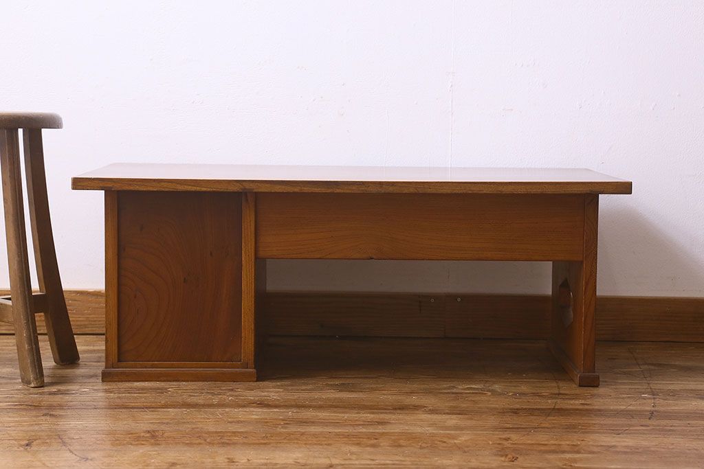 レトロ家具　昭和レトロ　総ケヤキ材　天板一枚板!杢目が美しいビンテージデスク(片袖机、在宅ワーク、在宅用文机、在宅ワーク、在宅用座卓)