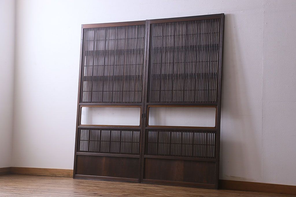 和製アンティーク　和モダンな雰囲気漂うガラス帯の格子戸(引き戸、建具)2枚セット