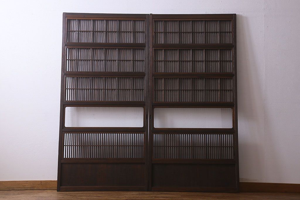 和製アンティーク　和モダンな雰囲気漂うガラス帯の格子戸(引き戸、建具)2枚セット