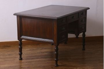 アンティーク家具　和製アンティーク　総ケヤキ材　大正ロマン香る両面両袖机(ワークデスク、在宅ワーク、在宅用)