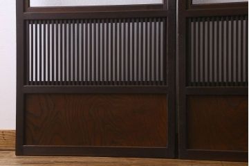 和製アンティーク　腰板ケヤキ材　深みのある色合いのガラス入り格子戸(引き戸、ガラス帯戸)2枚セット
