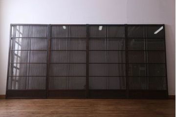 和製アンティーク　細かな格子が美しい　ガラス入り格子戸(引き戸、建具)4枚組