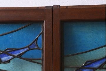 アンティーク雑貨　昭和初期　海の中にいるような図柄が素敵なステンドグラスのガラス戸(引き戸、建具)