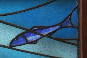 アンティーク雑貨　昭和初期　海の中にいるような図柄が素敵なステンドグラスのガラス戸(引き戸、建具)