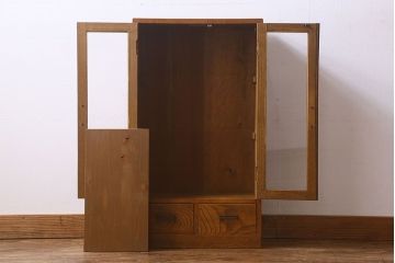 ヴィンテージ家具　昭和レトロ　三方ニレ材　小振りなビンテージブックケース(本箱、食器棚、戸棚)