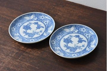 和製アンティーク　大正期　松竹梅・蝶の図　5寸印判皿(中皿)2枚セット(1)