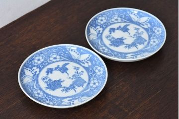 和製アンティーク　大正期　松竹梅・蝶の図　5寸印判皿(中皿)2枚セット(1)