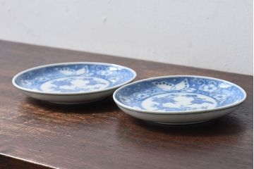 和製アンティーク　大正期　松竹梅・蝶の図　5寸印判皿(中皿)2枚セット(1)