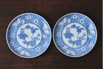 和製アンティーク　大正期　松竹梅・蝶の図　5寸印判皿(中皿)2枚セット(1)