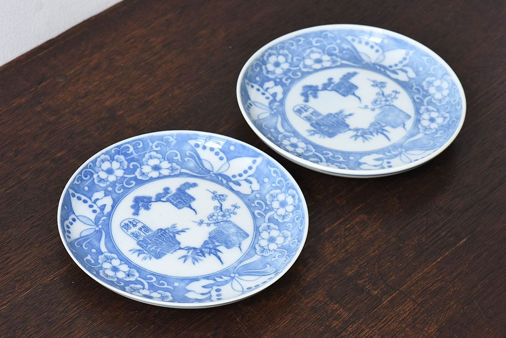 和製アンティーク　大正期　松竹梅・蝶の図　5寸印判皿(中皿)2枚セット(2)