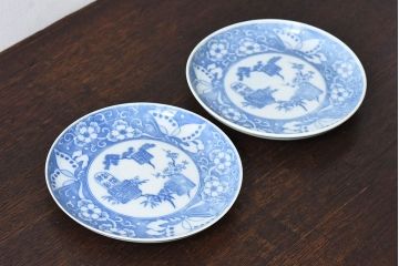 和製アンティーク　大正期　松竹梅・蝶の図　5寸印判皿(中皿)2枚セット(2)