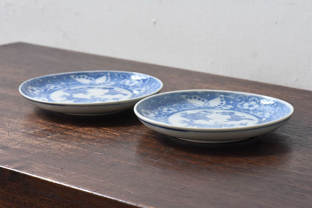 和製アンティーク　大正期　松竹梅・蝶の図　5寸印判皿(中皿)2枚セット(2)