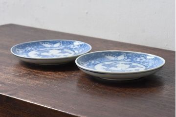 和製アンティーク　大正期　松竹梅・蝶の図　5寸印判皿(中皿)2枚セット(2)