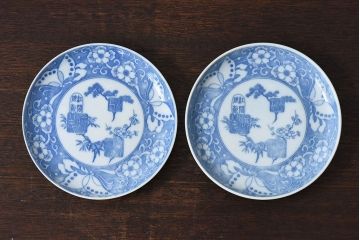 和製アンティーク　大正期　松竹梅・蝶の図　5寸印判皿(中皿)2枚セット(2)