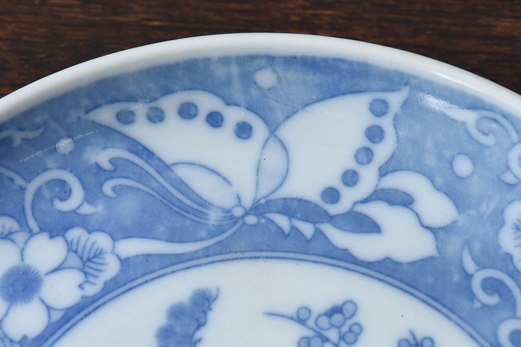 和製アンティーク　大正期　松竹梅・蝶の図　5寸印判皿(中皿)2枚セット(2)