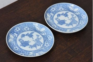 和製アンティーク　大正期　松竹梅・蝶の図　5寸印判皿(中皿)2枚セット