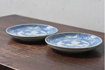 和製アンティーク　大正期　松竹梅・蝶の図　5寸印判皿(中皿)2枚セット