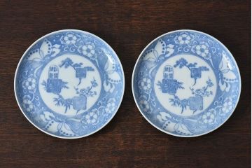 和製アンティーク　大正期　松竹梅・蝶の図　5寸印判皿(中皿)2枚セット