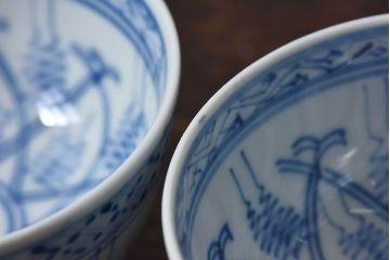 大正昭和初期　染付　アンティーク湯呑(茶碗)2客セット