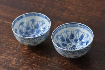 大正昭和初期　染付　アンティーク湯呑(茶碗)2客セット(1)