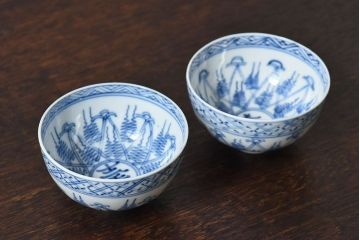 大正昭和初期　染付　アンティーク湯呑(茶碗)2客セット(2)