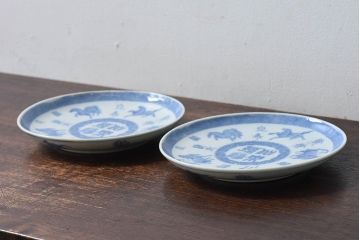 和製アンティーク　大正昭和初期　馬の図　印判皿(6寸皿、中皿)2枚セット(1)