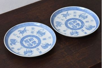 和製アンティーク　大正昭和初期　馬の図　印判皿(6寸皿、中皿)2枚セット