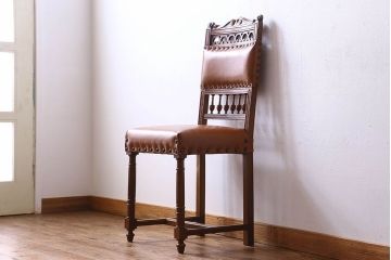 アンティーク家具　フランスアンティーク　本革　優美なデザインのダイニングチェア(椅子、イス)(1)
