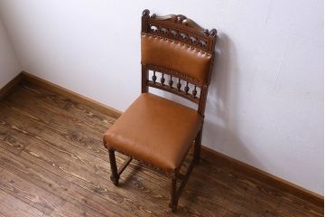 アンティーク家具　フランスアンティーク　本革　優美なデザインのダイニングチェア(椅子、イス)(1)