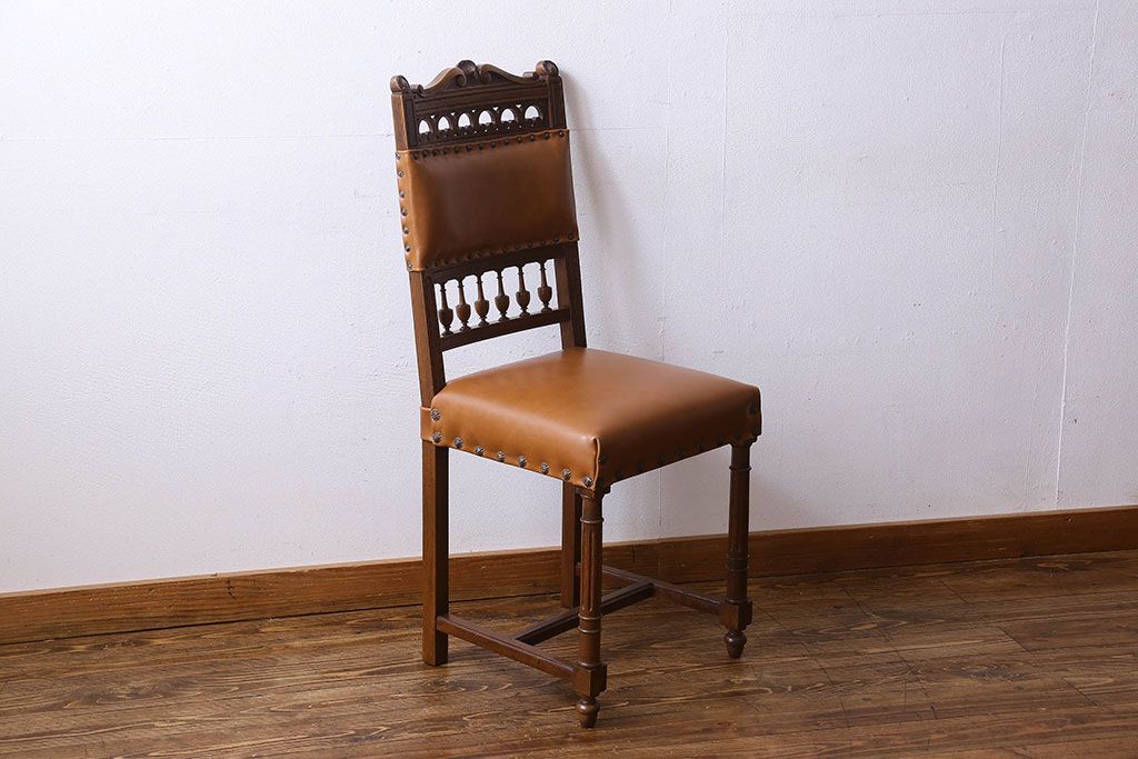 アンティーク家具　フランスアンティーク　本革　優美なデザインのダイニングチェア(椅子、イス)(2)