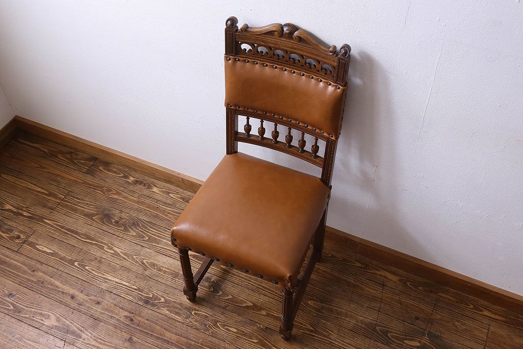 アンティーク家具　フランスアンティーク　本革　優美なデザインのダイニングチェア(椅子、イス)(2)