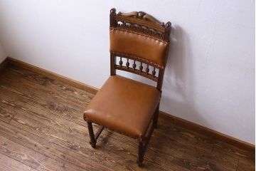 アンティーク家具　フランスアンティーク　本革　優美なデザインのダイニングチェア(椅子、イス)(2)