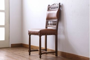 アンティーク家具　フランスアンティーク　本革　優美なデザインのダイニングチェア(椅子、イス)(3)