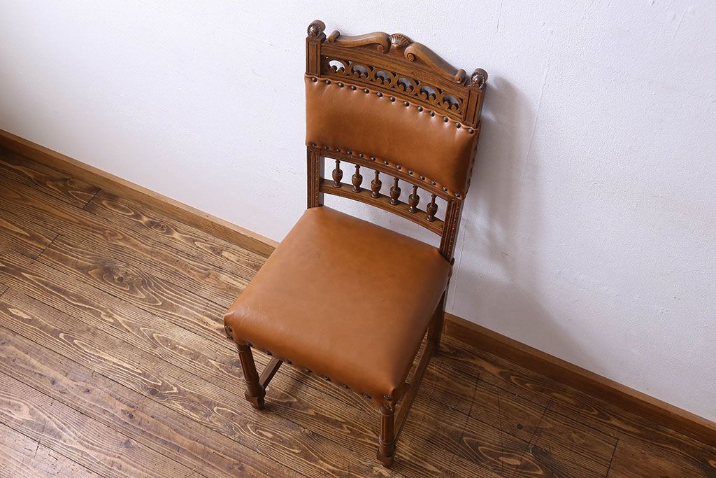 アンティーク家具　フランスアンティーク　本革　優美なデザインのダイニングチェア(椅子、イス)(3)