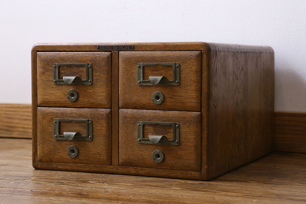 レトロ家具　昭和レトロ　ナラ材　重厚な雰囲気漂うカードケース(小引き出し、小物収納、図書館、図書室)