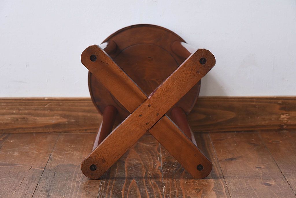 アンティーク雑貨　和製アンティーク　大正昭和期の古い木製スツール(丸椅子、チェア、花台)