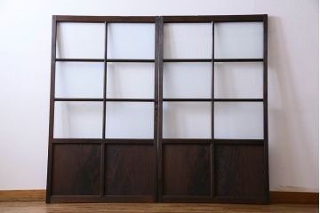 和製アンティーク　市松模様の古いガラス戸2枚セット(引き戸、窓)