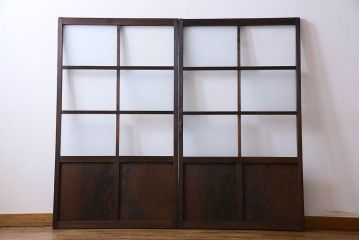 和製アンティーク　市松模様の古いガラス戸2枚セット(引き戸、窓)