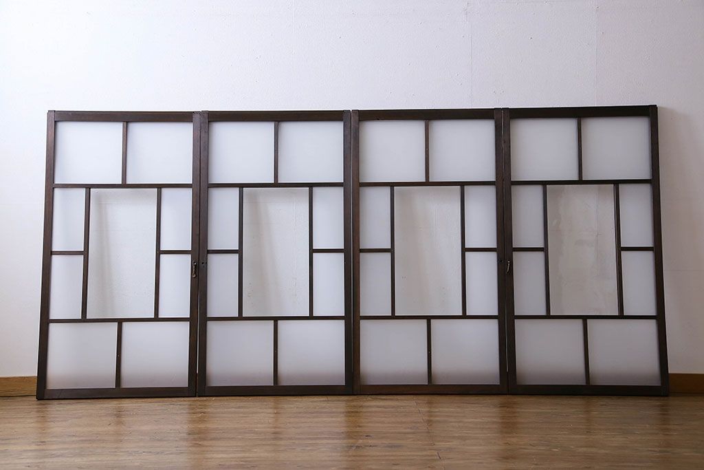 和製アンティーク　すりガラス使用　モダンなデザインのガラス戸(窓、引き戸)4枚組