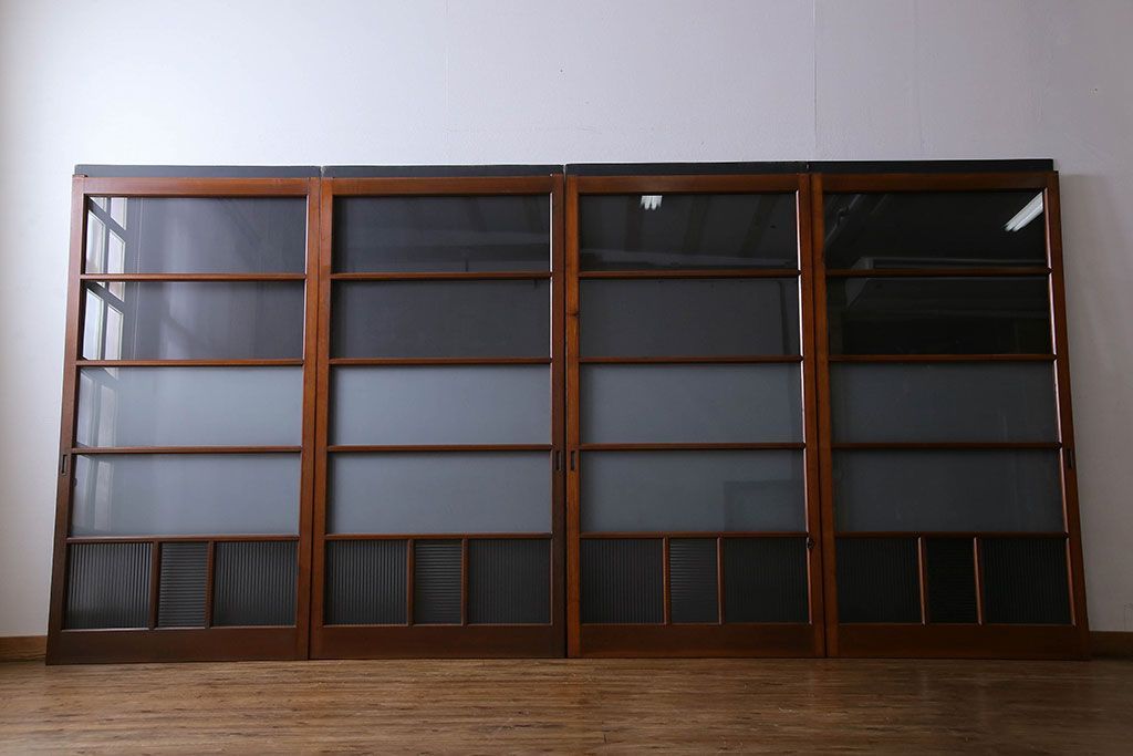 昭和レトロ　3種のガラスがお洒落なガラス戸(引き戸)4枚組