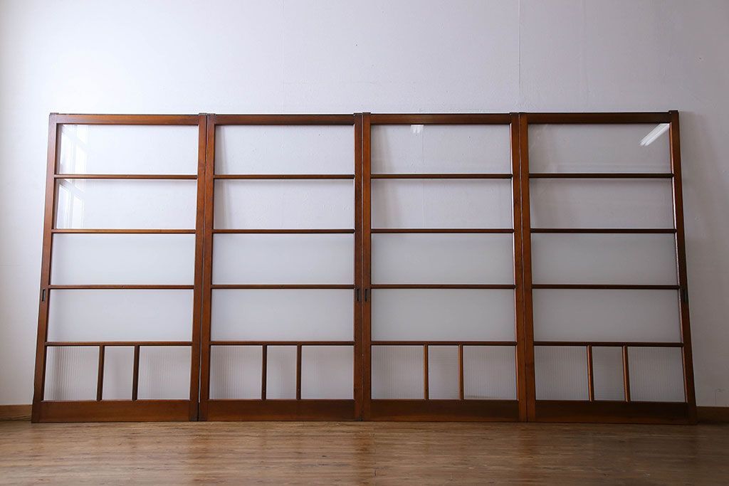 昭和レトロ　3種のガラスがお洒落なガラス戸(引き戸)4枚組