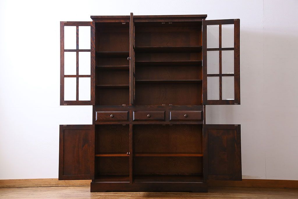 中古　美品　北海道民芸家具　HM165K　収納力抜群のシックな食器棚(カップボード、キャビネット)(定価57万円)