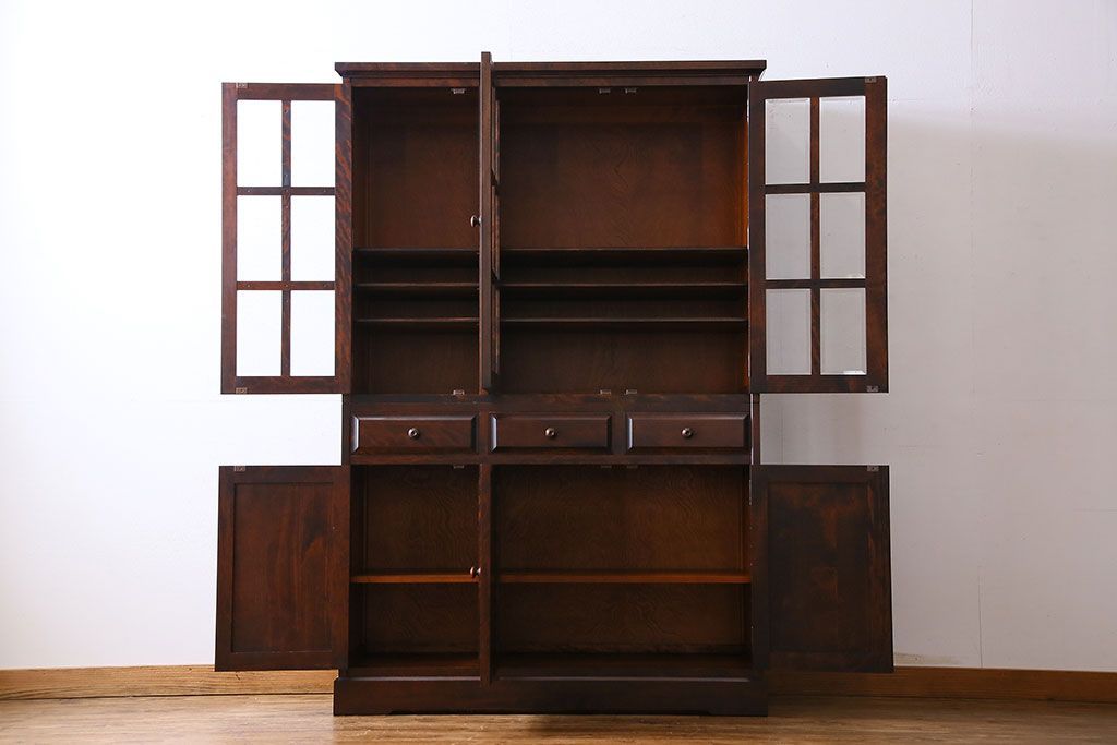 中古　美品　北海道民芸家具　HM165K　収納力抜群のシックな食器棚(カップボード、キャビネット)(定価57万円)