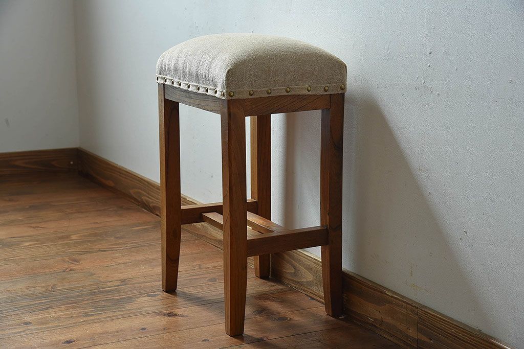 レトロ家具　昭和レトロ　古いケヤキ材のシンプルなクッションスツール(椅子、チェア)