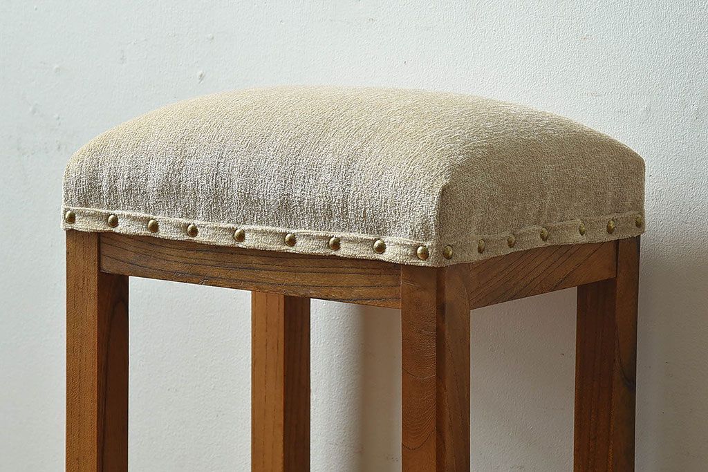 レトロ家具　昭和レトロ　古いケヤキ材のシンプルなクッションスツール(椅子、チェア)