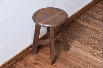 アンティーク雑貨　和製アンティーク　古いナラ材の木製スツール(丸椅子、チェア、花台)(3)