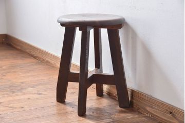 アンティーク雑貨　和製アンティーク　古いナラ材の木製スツール(丸椅子、チェア、花台)(3)