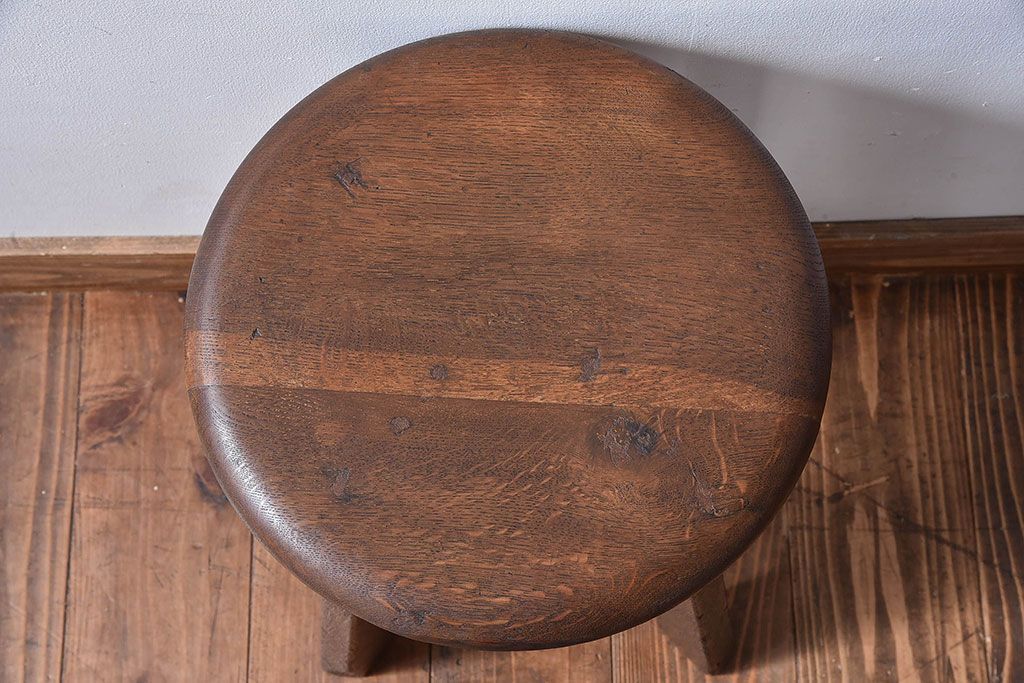 アンティーク雑貨　和製アンティーク　古いナラ材の木製スツール(丸椅子、チェア、花台)(3)