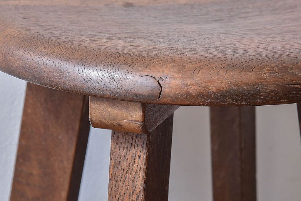 アンティーク雑貨　和製アンティーク　古いナラ材の木製スツール(丸椅子、チェア、花台)(3)