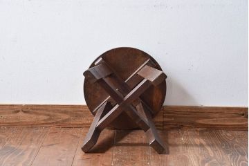 アンティーク雑貨　和製アンティーク　古いナラ材の木製スツール(丸椅子、チェア、花台)